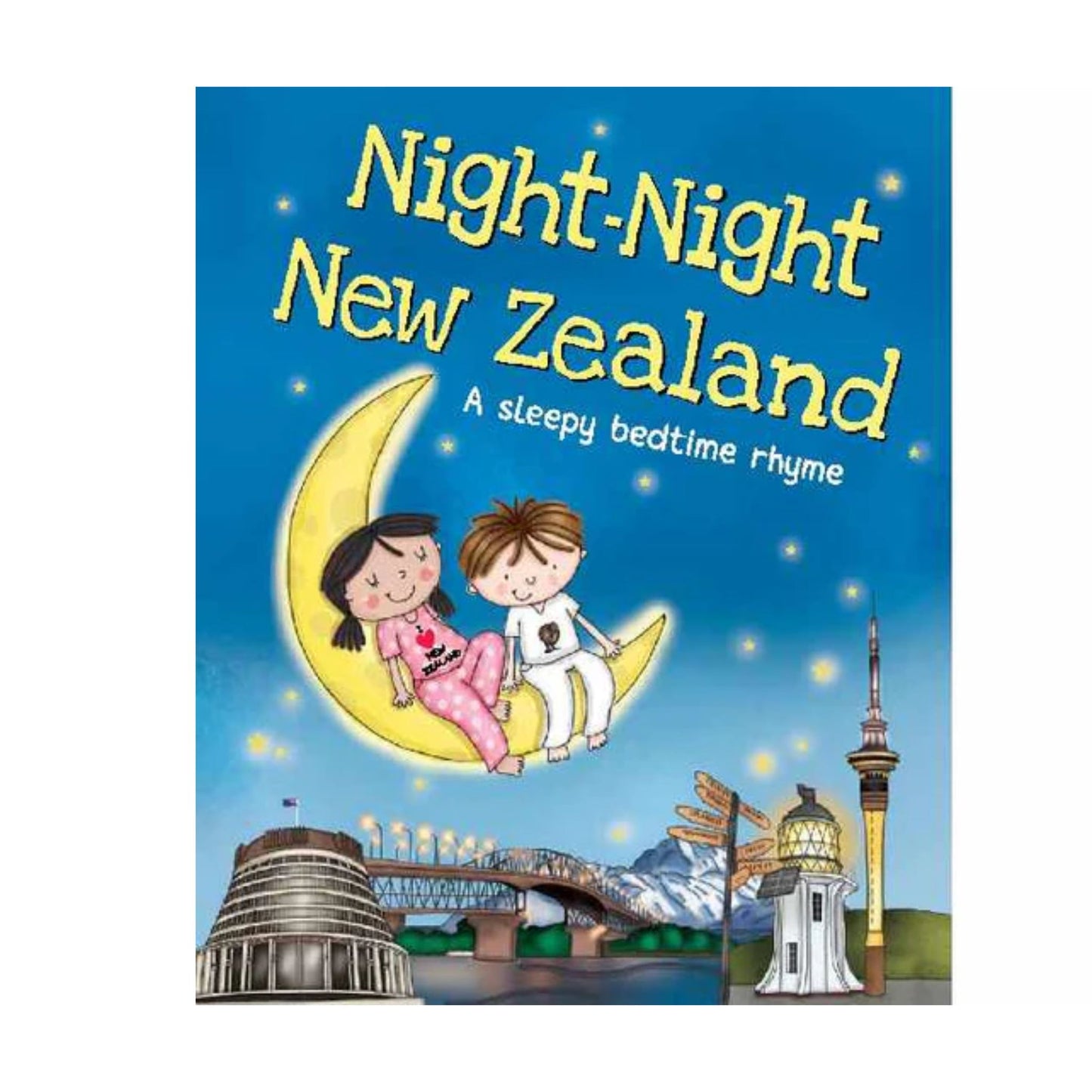 Book cover of 'Night-Night New Zealand' with illustrations of children on a moon and landmarks.