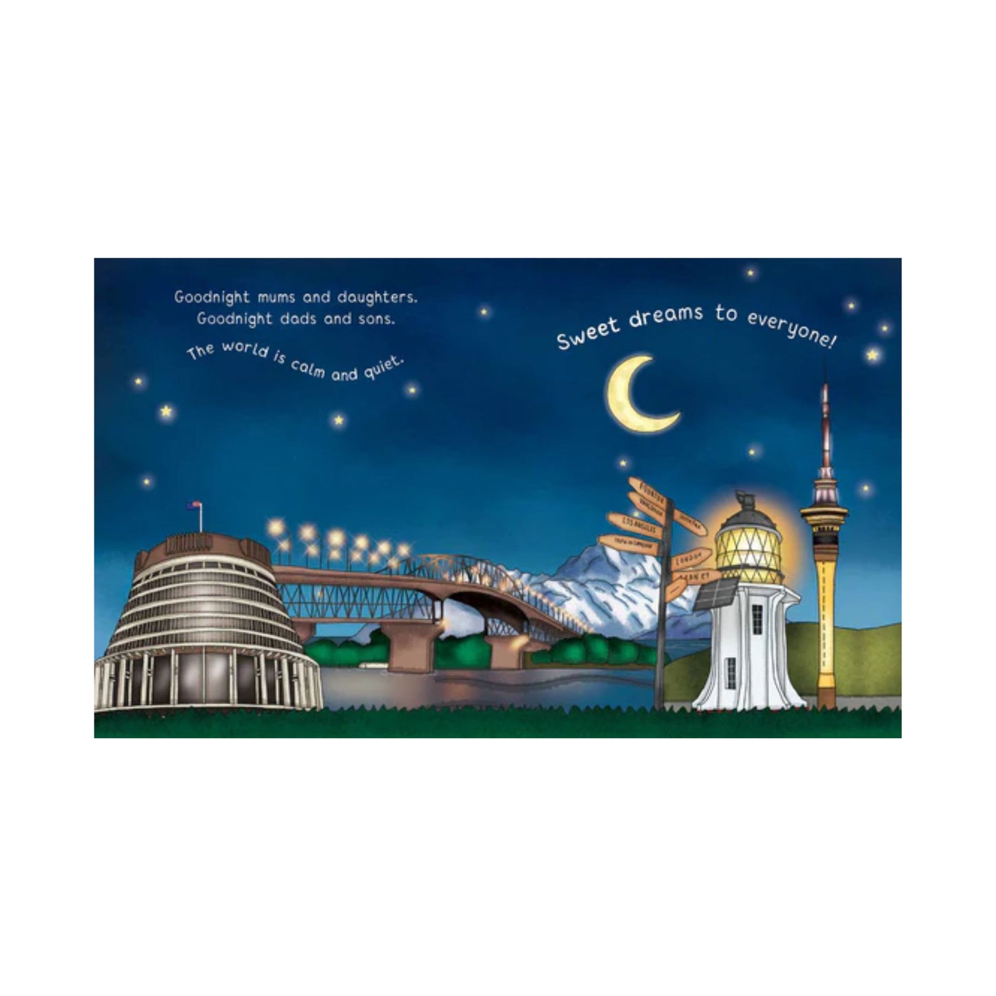 Illustration of a cityscape with a lighthouse, bridge, and mountain at night. Night Night New Zealand Picture Storybook .