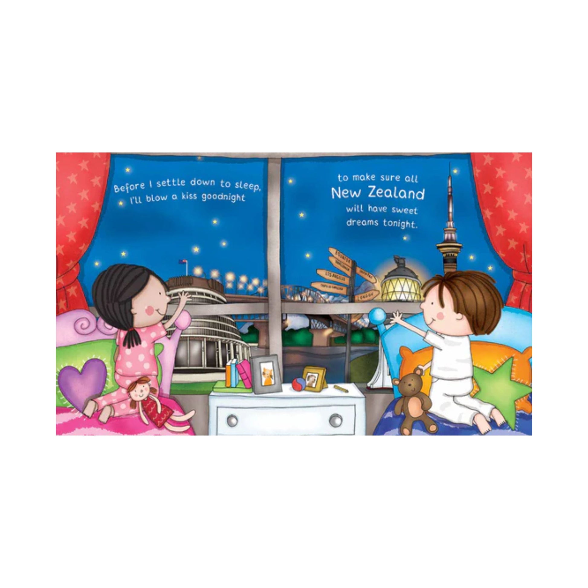 Illustration of two children in a bedroom with New Zealand landmarks. Night Night New Zealand Picture Storybook 