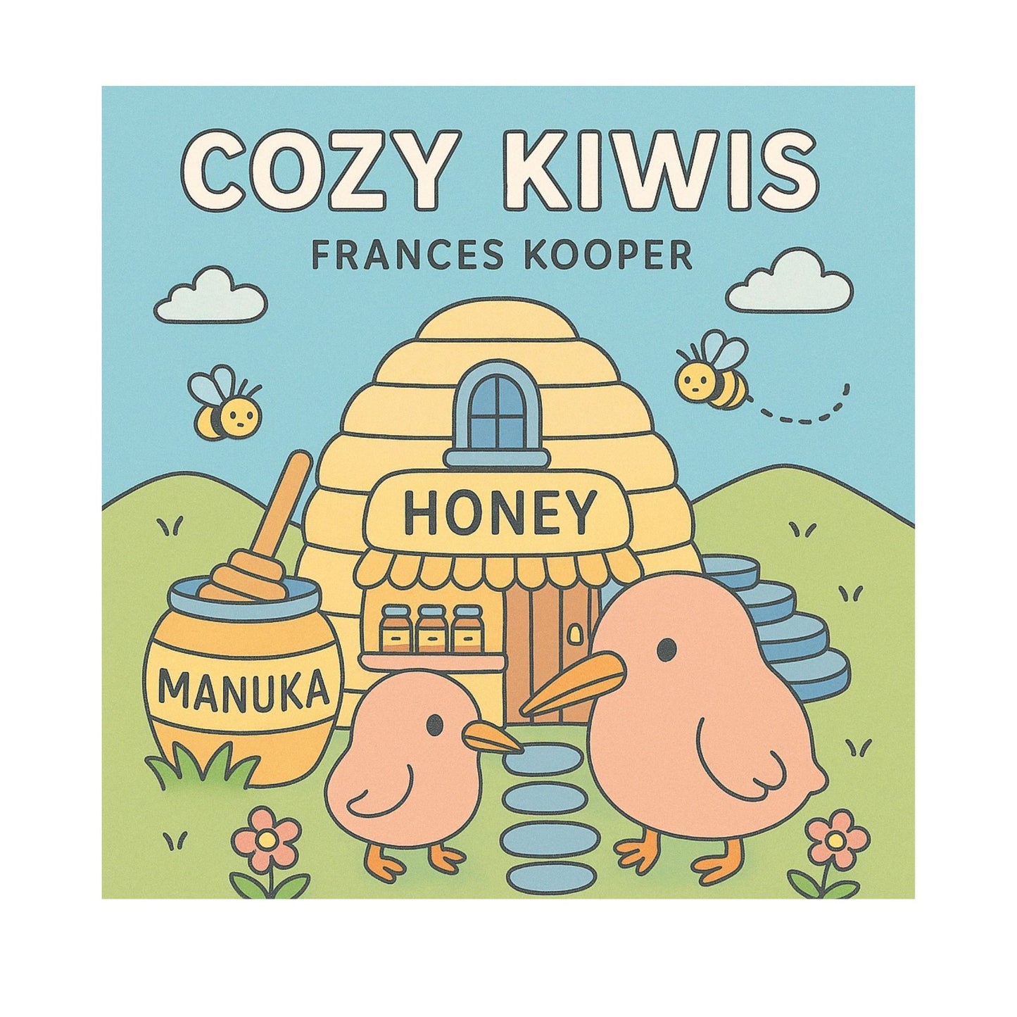 Coouring Book cover of 'Cozy Kiwis' by Frances Kooper with a honeycomb, kiwis, and bees.