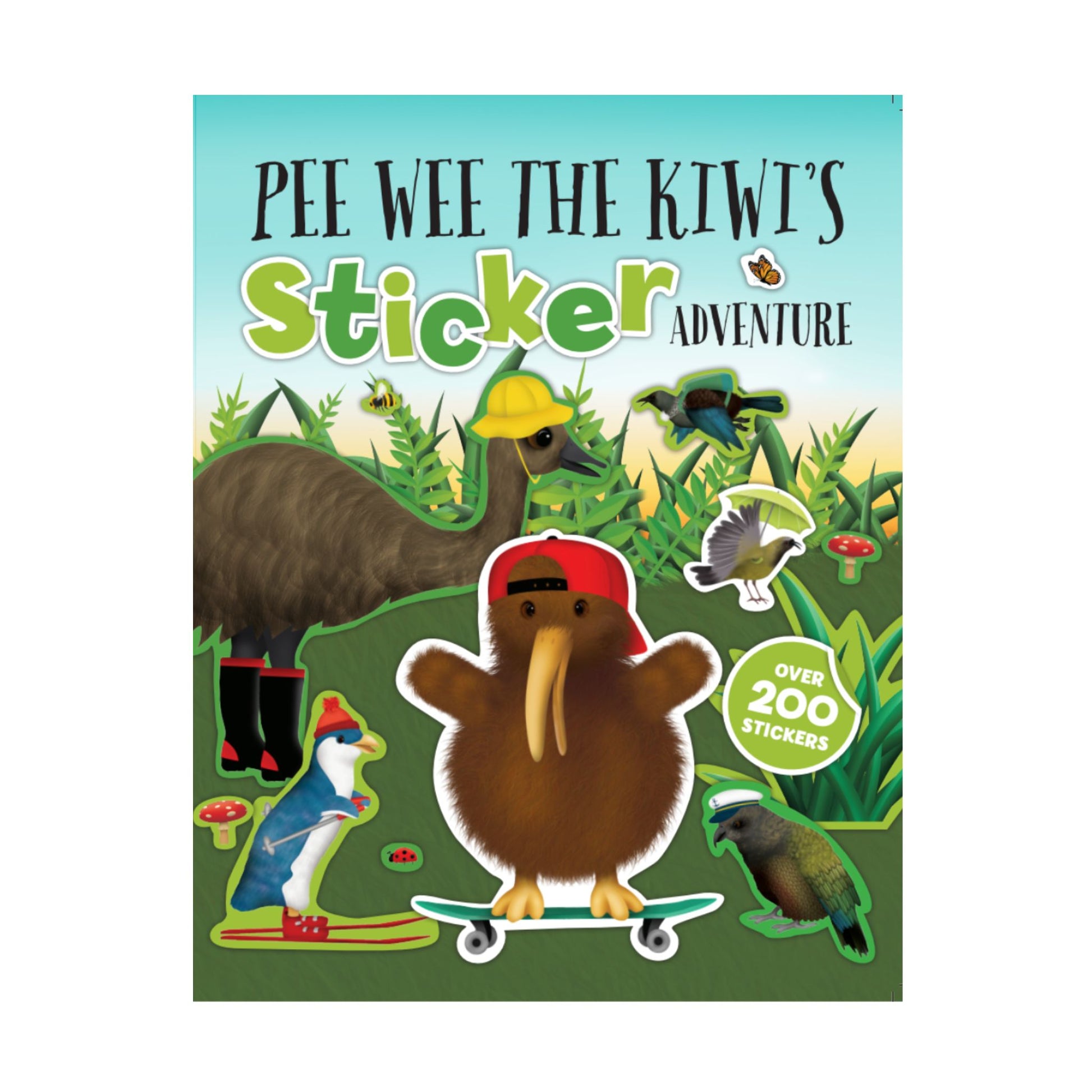 Book cover of 'Pee Wee the Kiwi's Sticker Adventure' with cartoon kiwis and nature elements.