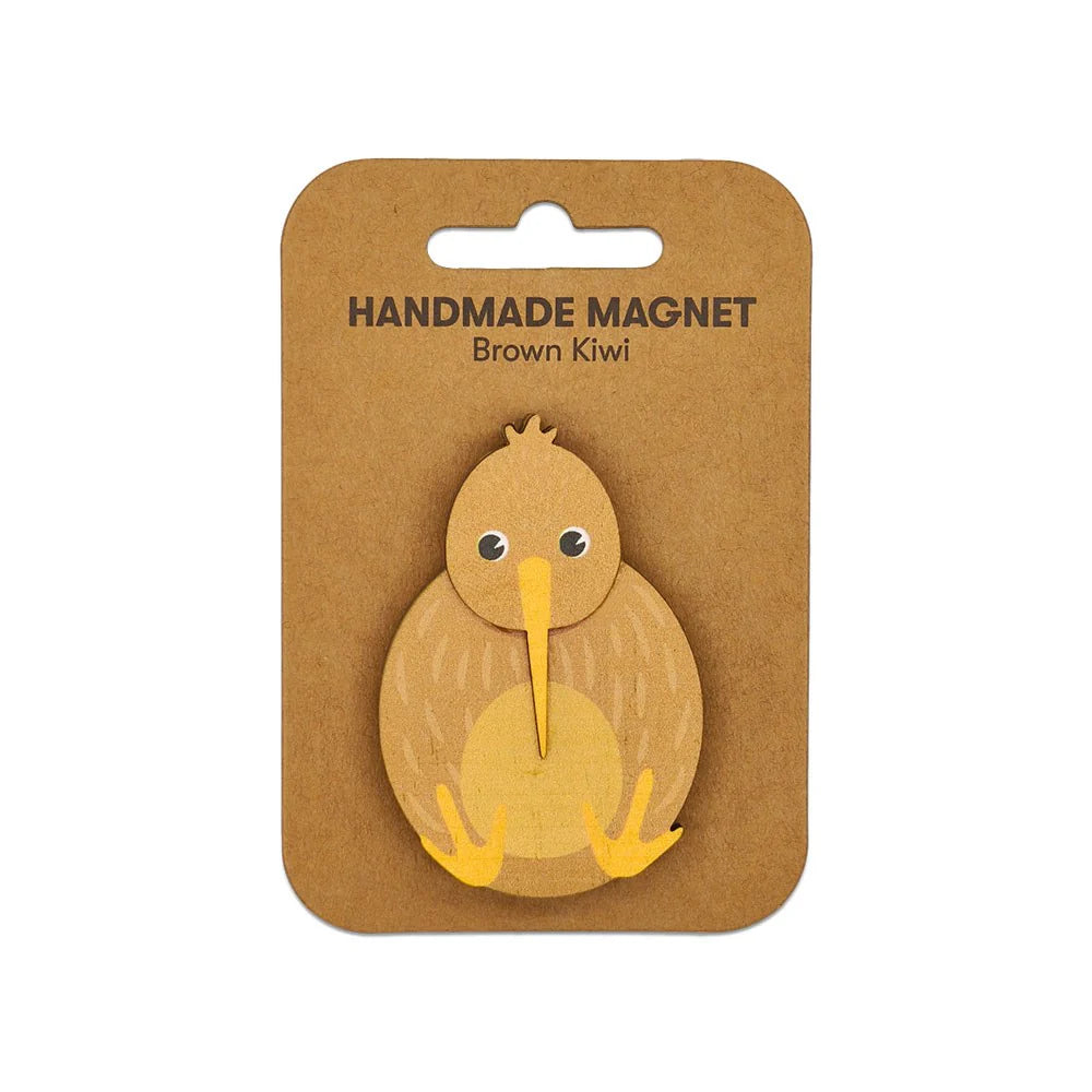 Handmade magnet shaped like a brown kiwi on a brown backing card with 'Handmade Magnet' text.
