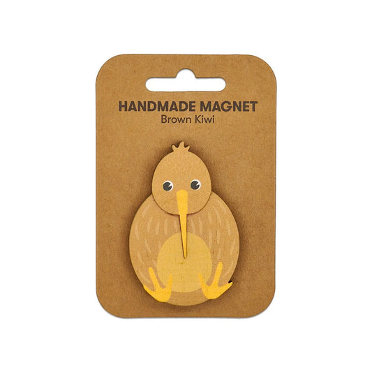 Handmade magnet shaped like a brown kiwi on a brown backing card with 'Handmade Magnet' text.