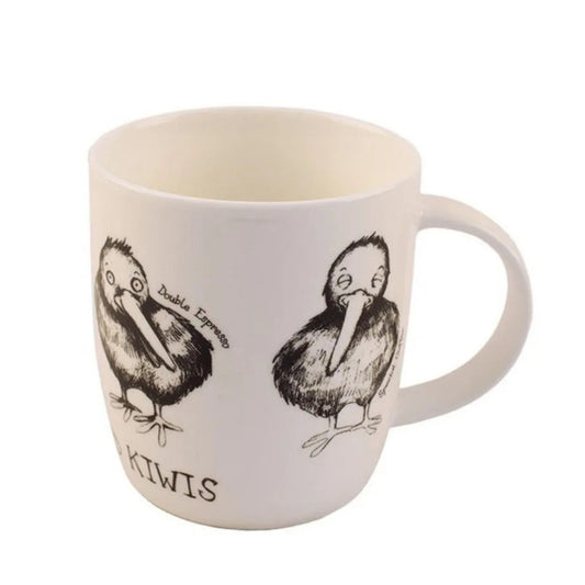 White Caffeinated Kiwi Coffee Mug with black kiwi bird illustrations and text on a white background
