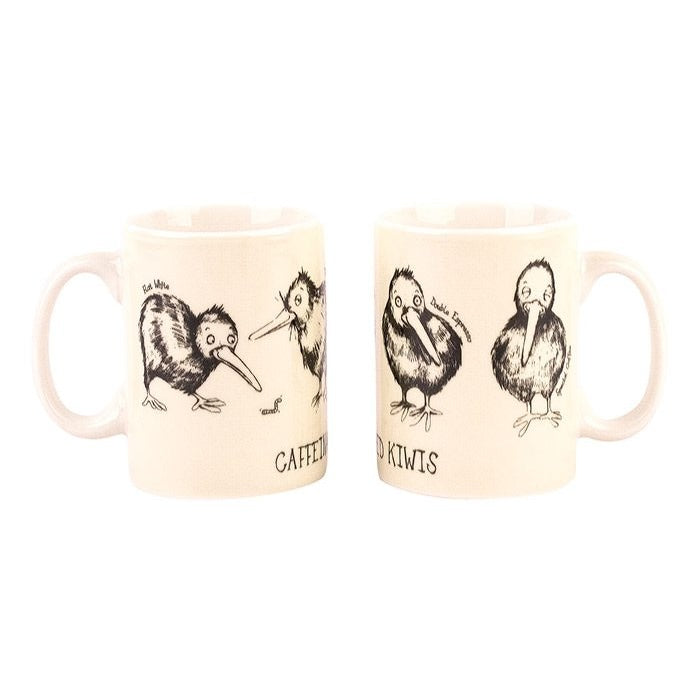 Two white bone china mini mugs with black and green kiwi illustrations and the text 'CAFFEE' on one side and 'KIVIS' on the other.