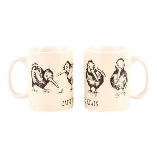 Two white bone china mini mugs with black and green kiwi illustrations and the text 'CAFFEE' on one side and 'KIVIS' on the other.