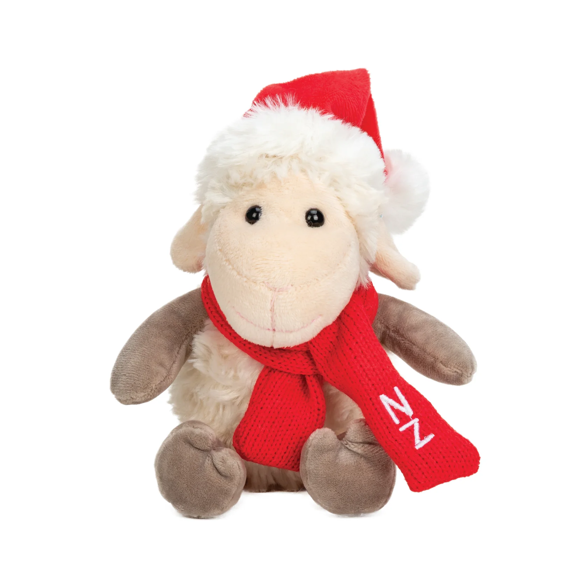 Plush toy sheep wearing a red scarf and Santa hat on a white background