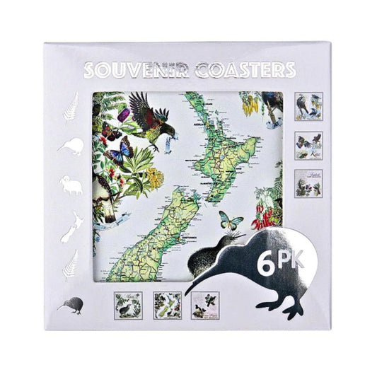6 Pack of souvenir coasters with a New Zealand map design and kiwi bird illustration on a white background