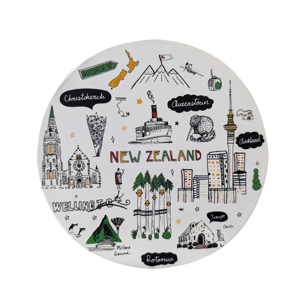 NZ White Sketch Circle Coaster Set - 4 Pack. Round white coaster with black illustrations of New Zealand landmarks and text on a white background