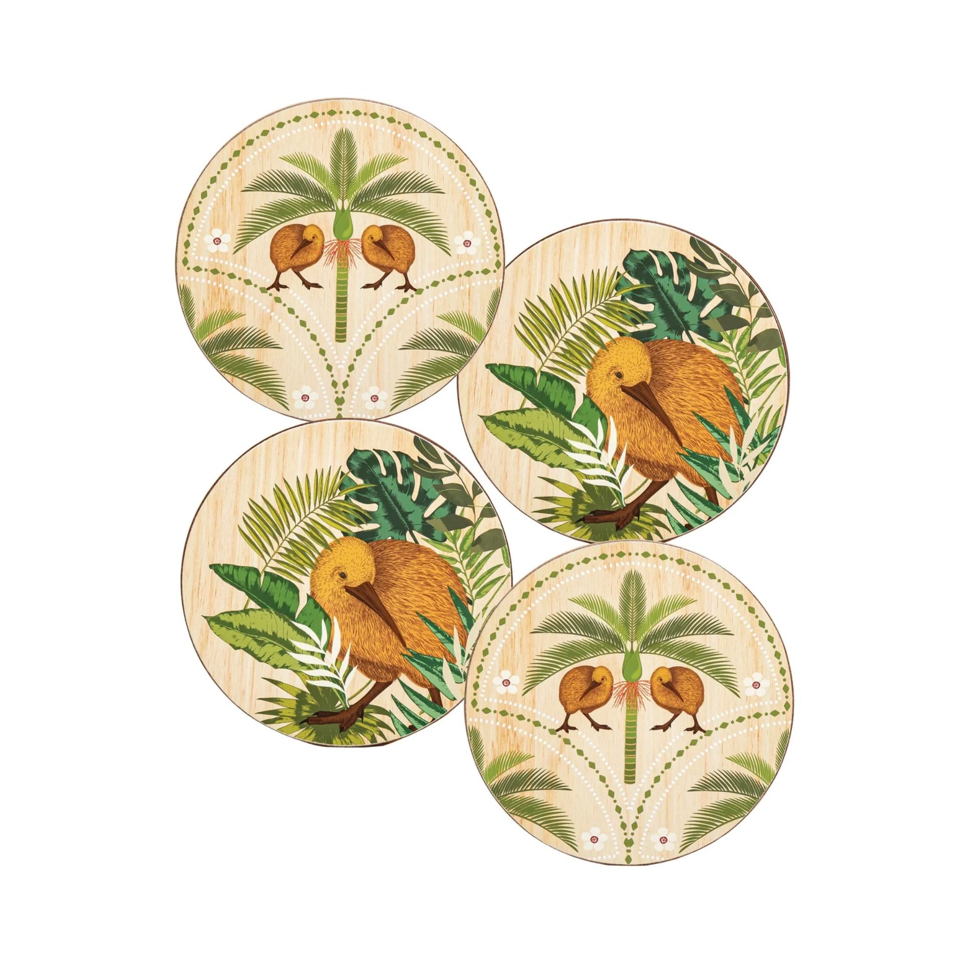 Coasters-Kiwi-Tropics-4pk. Set of four round coasters with tropical bird and leaf design on a white background