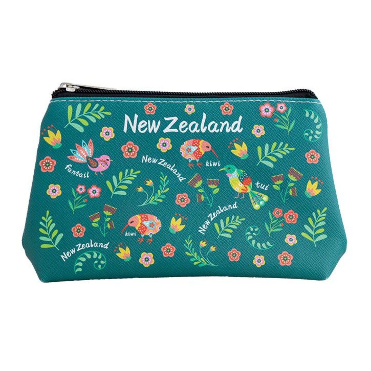 Cosmetics Bag – Manu Birds Green on a white background.