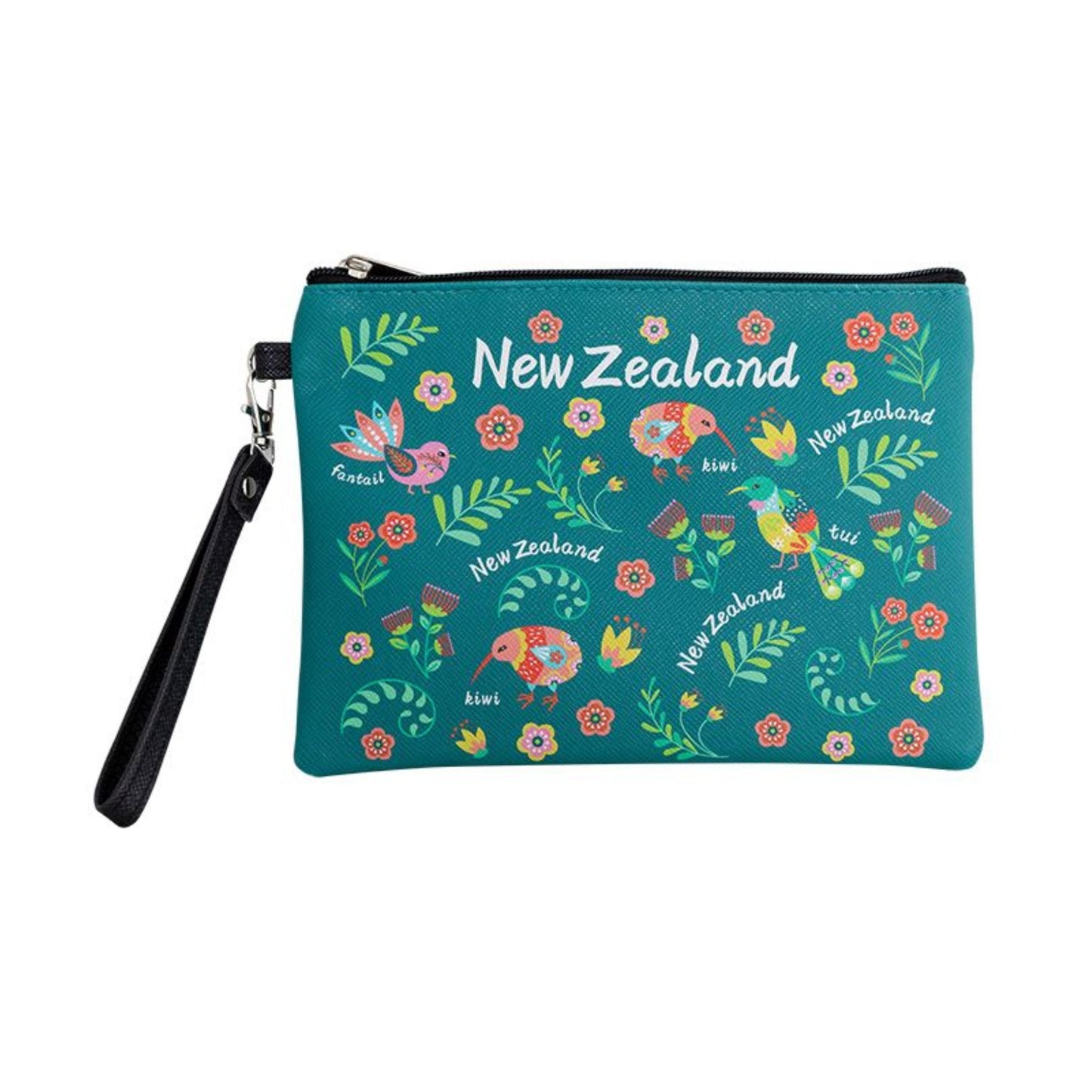 Teal pouch with New Zealand-themed design on a white background. Purse With Wrist Strap-Manu Birds Green