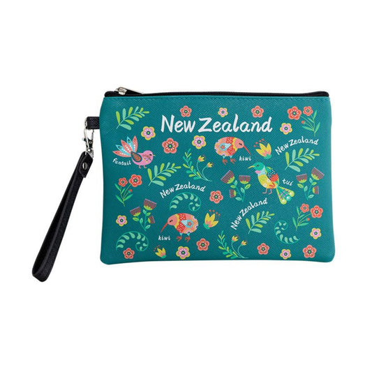 Teal pouch with New Zealand-themed design on a white background. Purse With Wrist Strap-Manu Birds Green