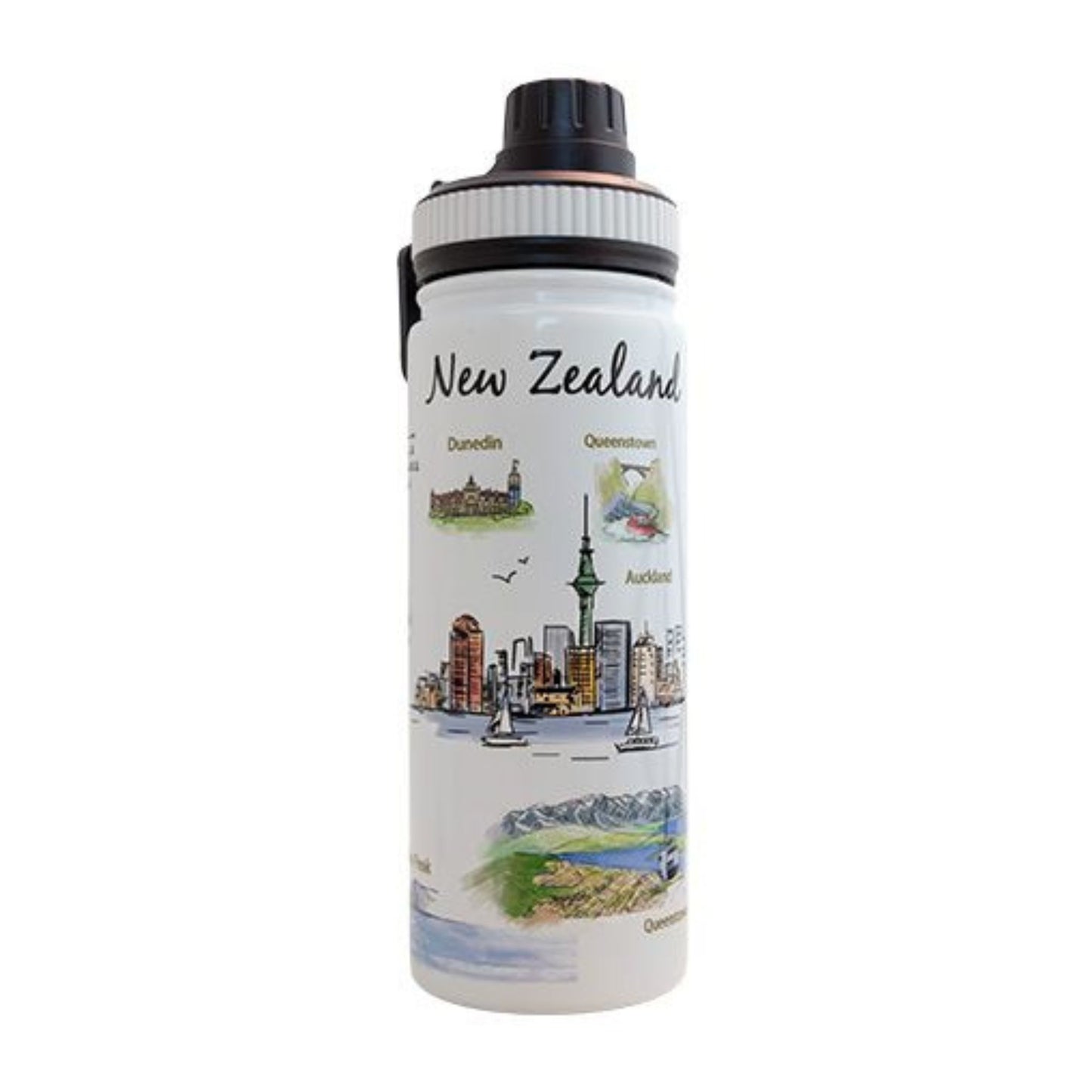 Drink Bottle-Artist Series 600ml. Thermos bottle with New Zealand-themed design on a white background