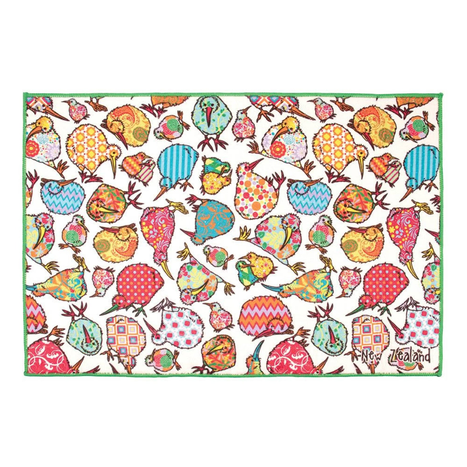 Kaleidoscope Kiwi Drying Mat. Colorful patterned rug with various designs on a white background