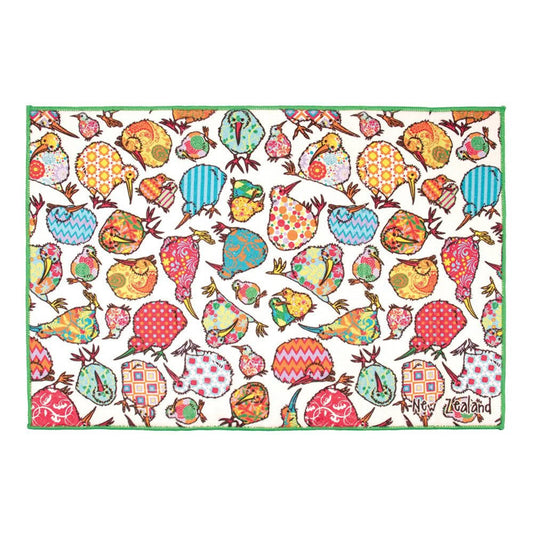 Kaleidoscope Kiwi Drying Mat. Colorful patterned rug with various designs on a white background