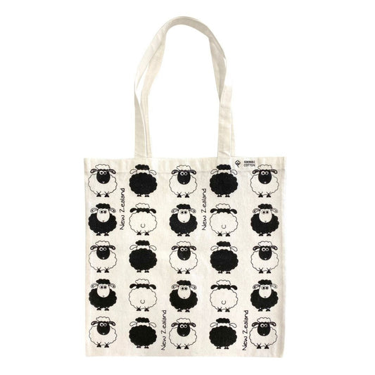 Tote bag with black sheep pattern on a white background