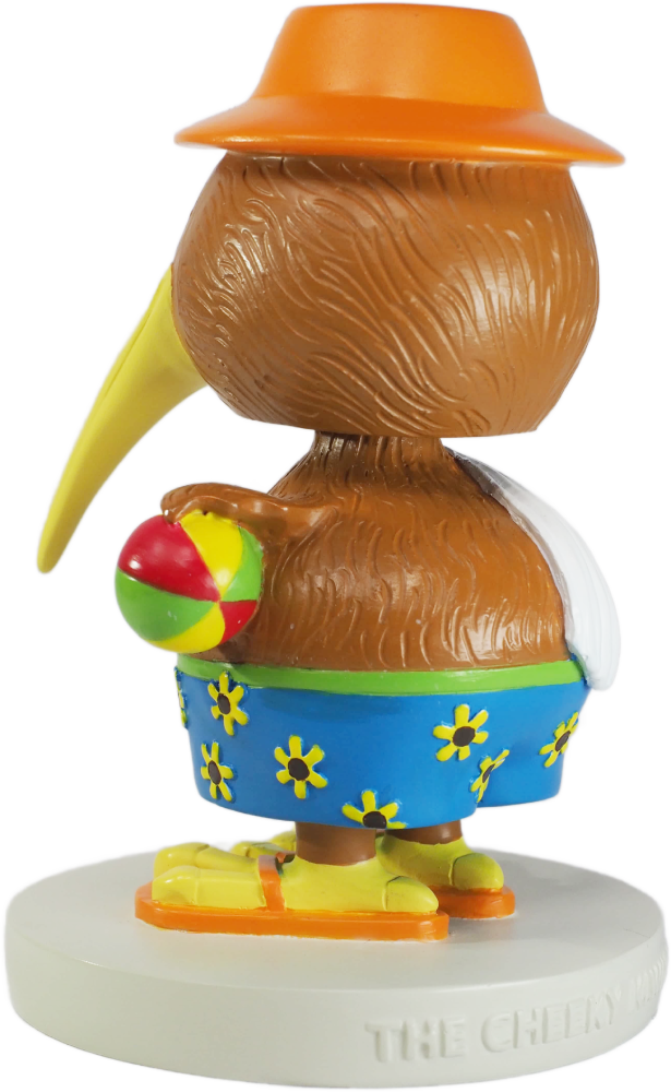 Colorful figurine of a kiwibird character with an orange hat and blue shorts on a white background