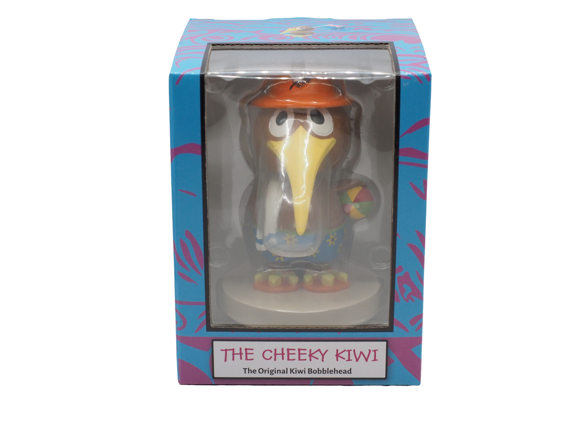 Bobblehead figure of a kiwi bird in a blue box with colorful patterns