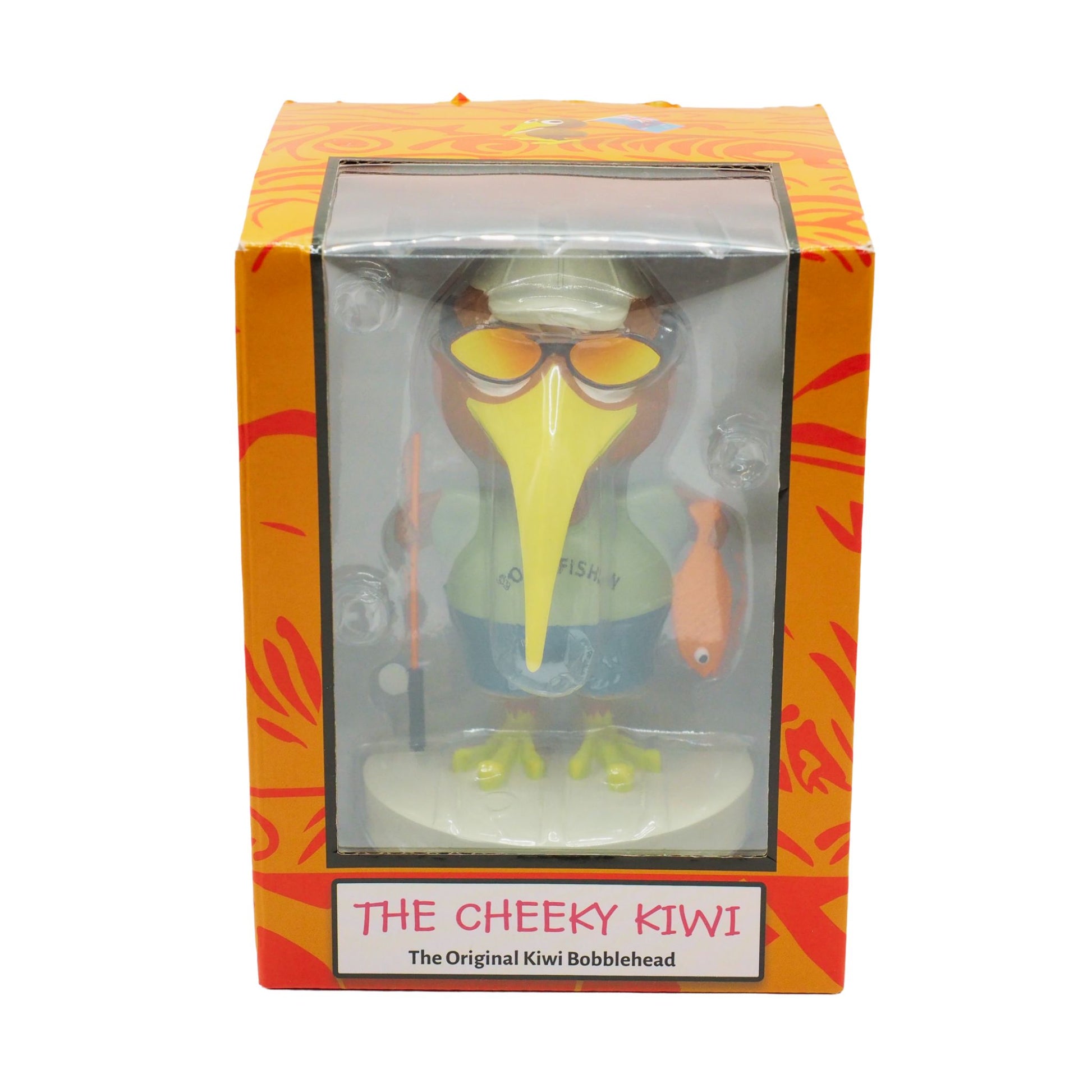 Bobblehead figure of a kiwi bird in a box with orange packaging