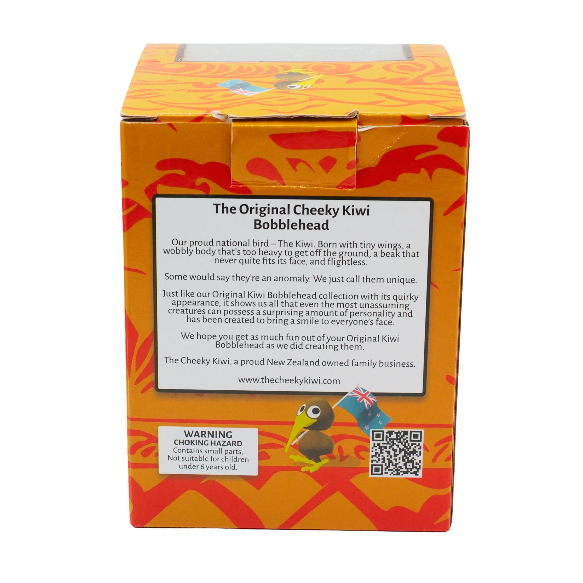 Box packaging for 'The Original Cheeky Kiwi Bobblehead' with branding and product description.