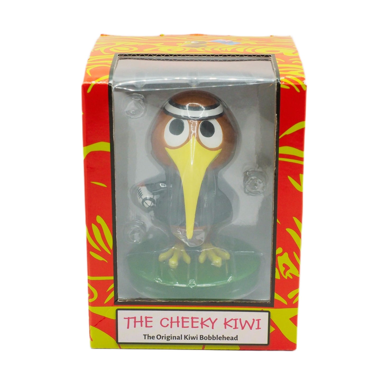 Bobblehead figure of a kiwi bird in packaging with 'The Cheeky Kiwi' branding.