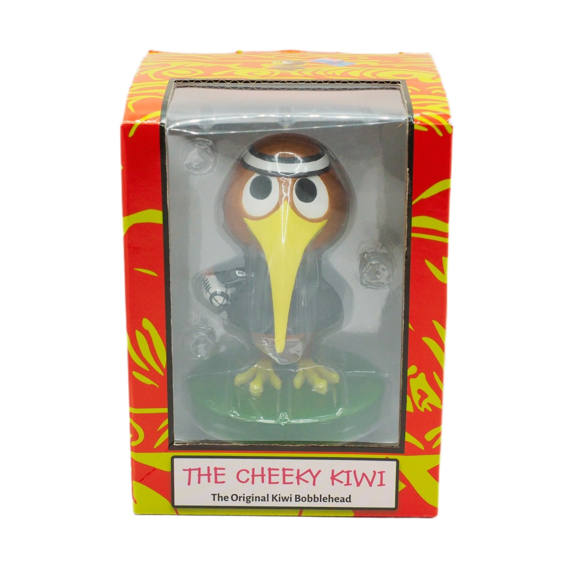 Bobblehead figure of a kiwi bird in packaging with 'The Cheeky Kiwi' branding.