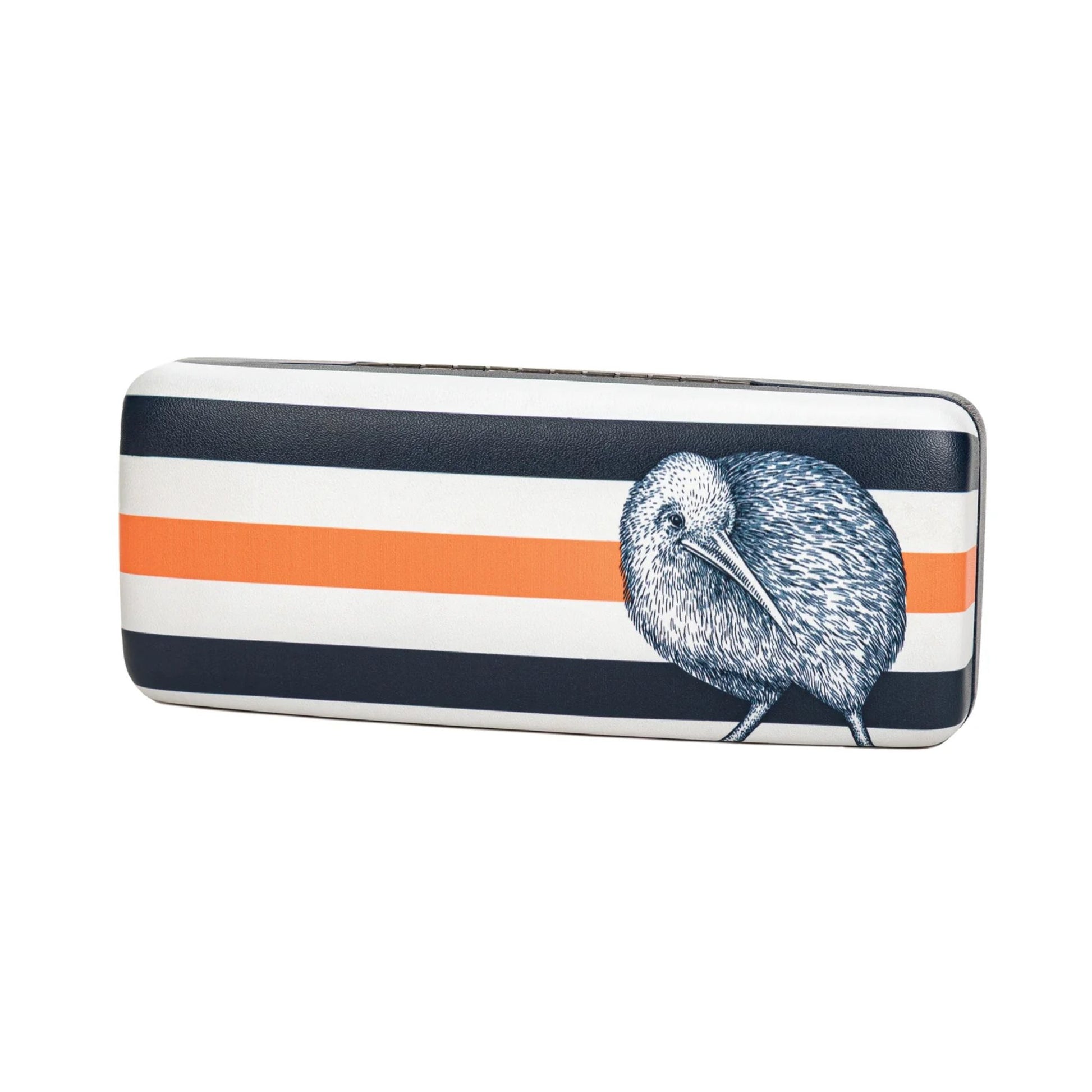 Rectangular glasses case with striped pattern and kiwi bird illustration on a white background
