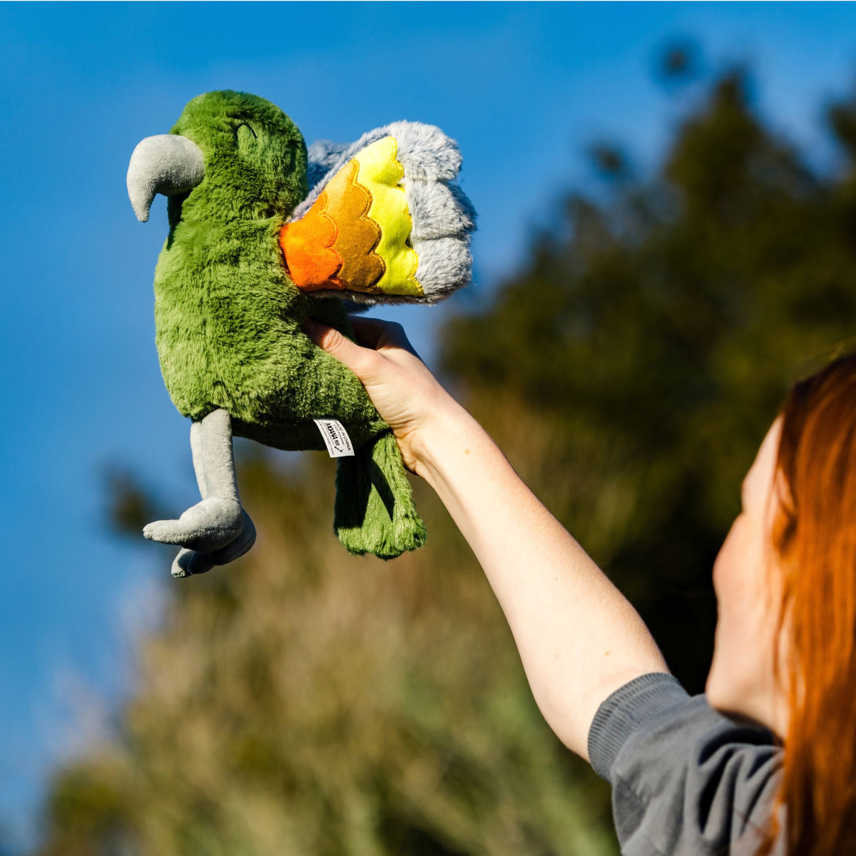 a girld holding a kea soft toy medium outside
