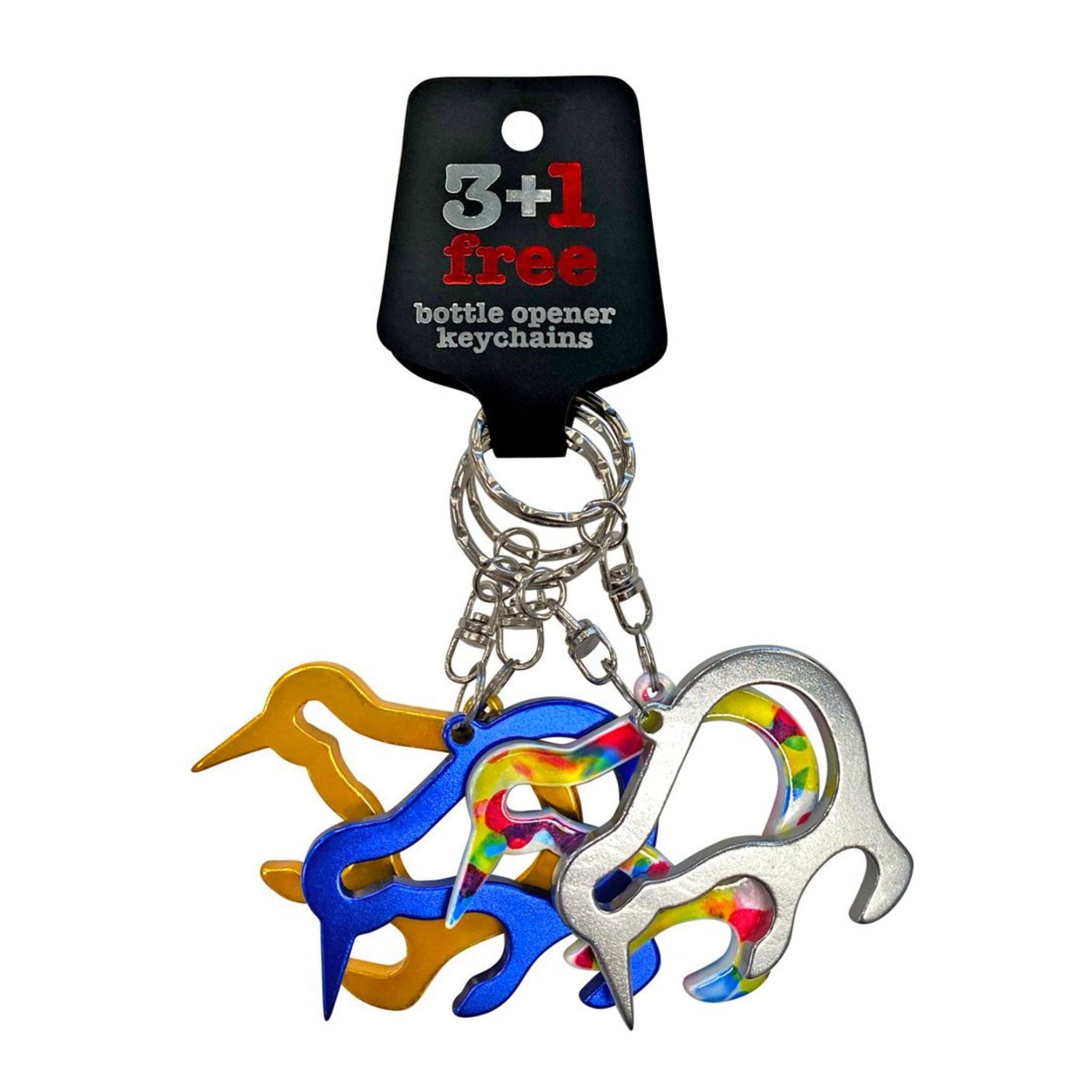 Set of colorful kiwi bottle opener keychains with a packaging tag on a white background