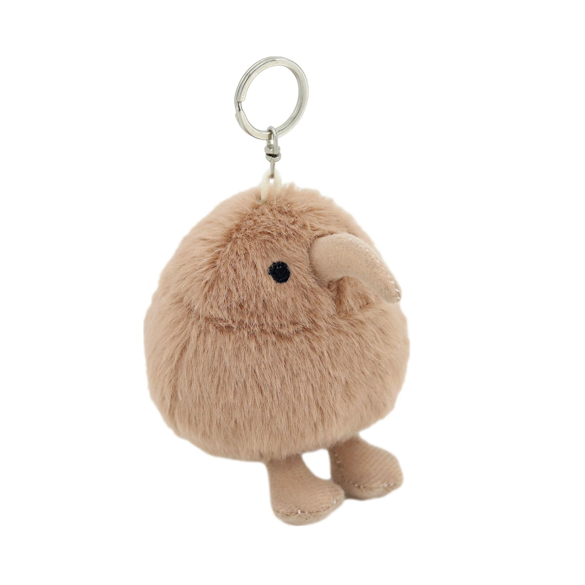 A small plush keychain shaped like a fluffy kiwibird or chick in a light tan color, with a silver metal key ring and a small black  eye, shown on a plain white background.