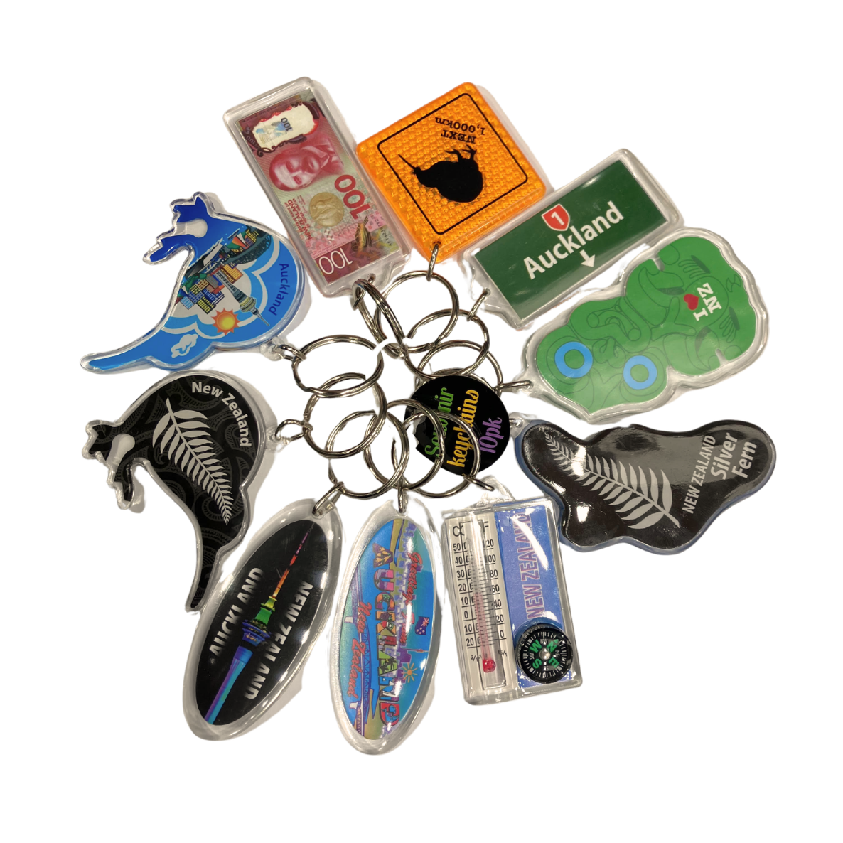 Collection of 10 various keychains with different designs on a white background