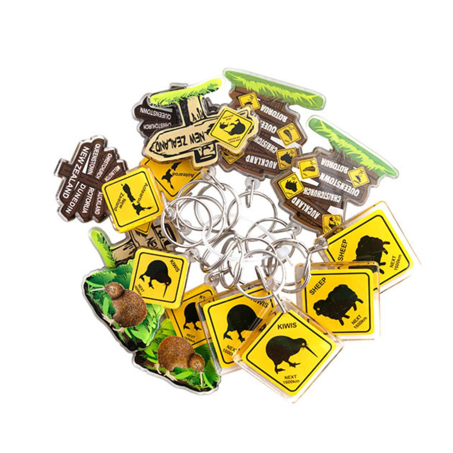 Collection of keychains with various designs on a white background. Acrylic Road Signs Keyrings 12pk.