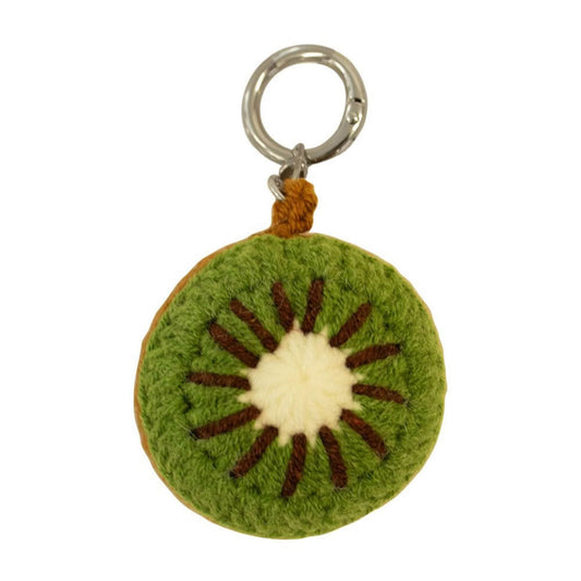 Crochet Kiwifruit Keyring on a white background
