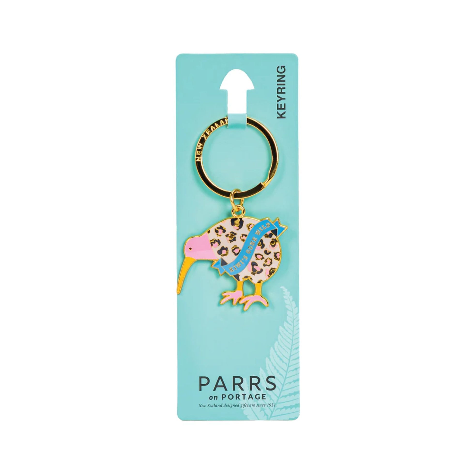 Keychain with leopard print design on a blue card with 'Parrs' branding