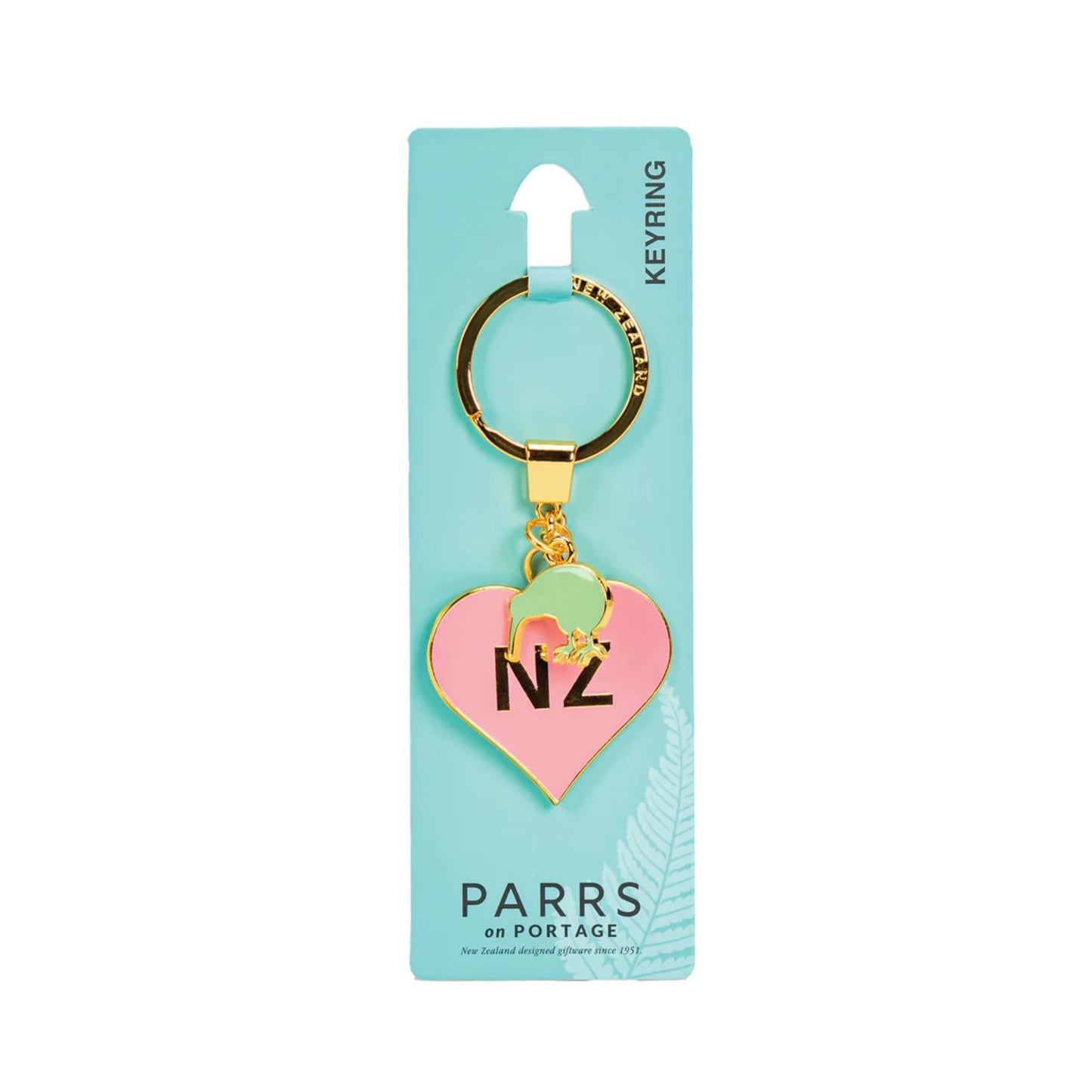Keyring Metal NZ in Pink Heart with a green kiwi charm.Heart-shaped keychain with 'NZ' on a blue card, featuring the brand 'Parrs'.