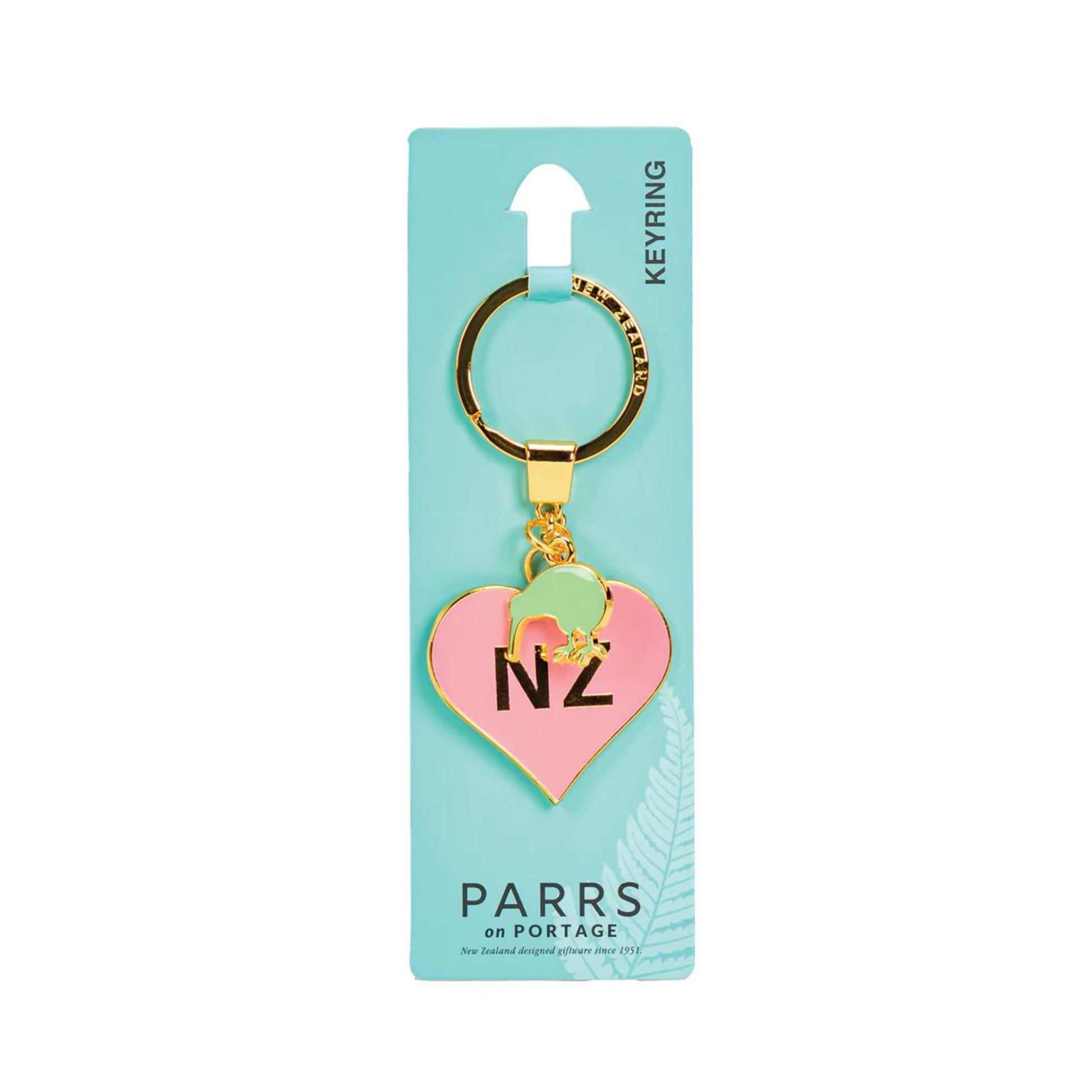 Keyring Metal NZ in Pink Heart with a green kiwi charm.Heart-shaped keychain with 'NZ' on a blue card, featuring the brand 'Parrs'.