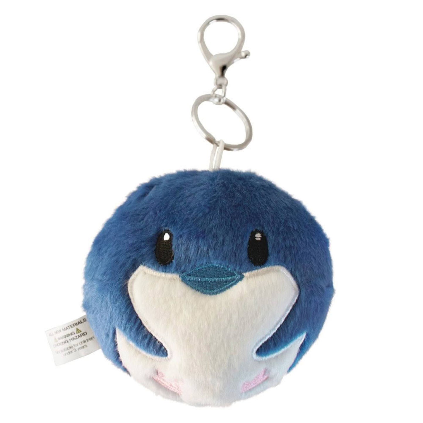 Blue plush penguin keychain on a white background