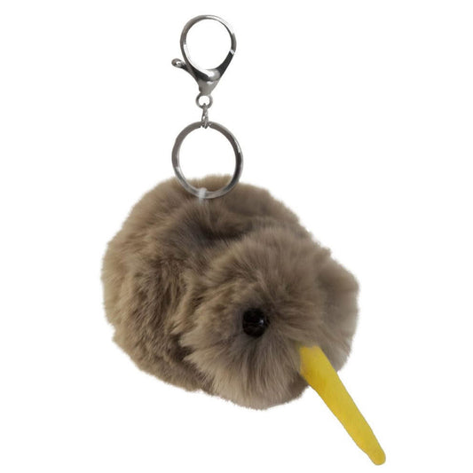 Pom Pom Kiwi Keyring. Plush keychain with a yellow tag on a white background