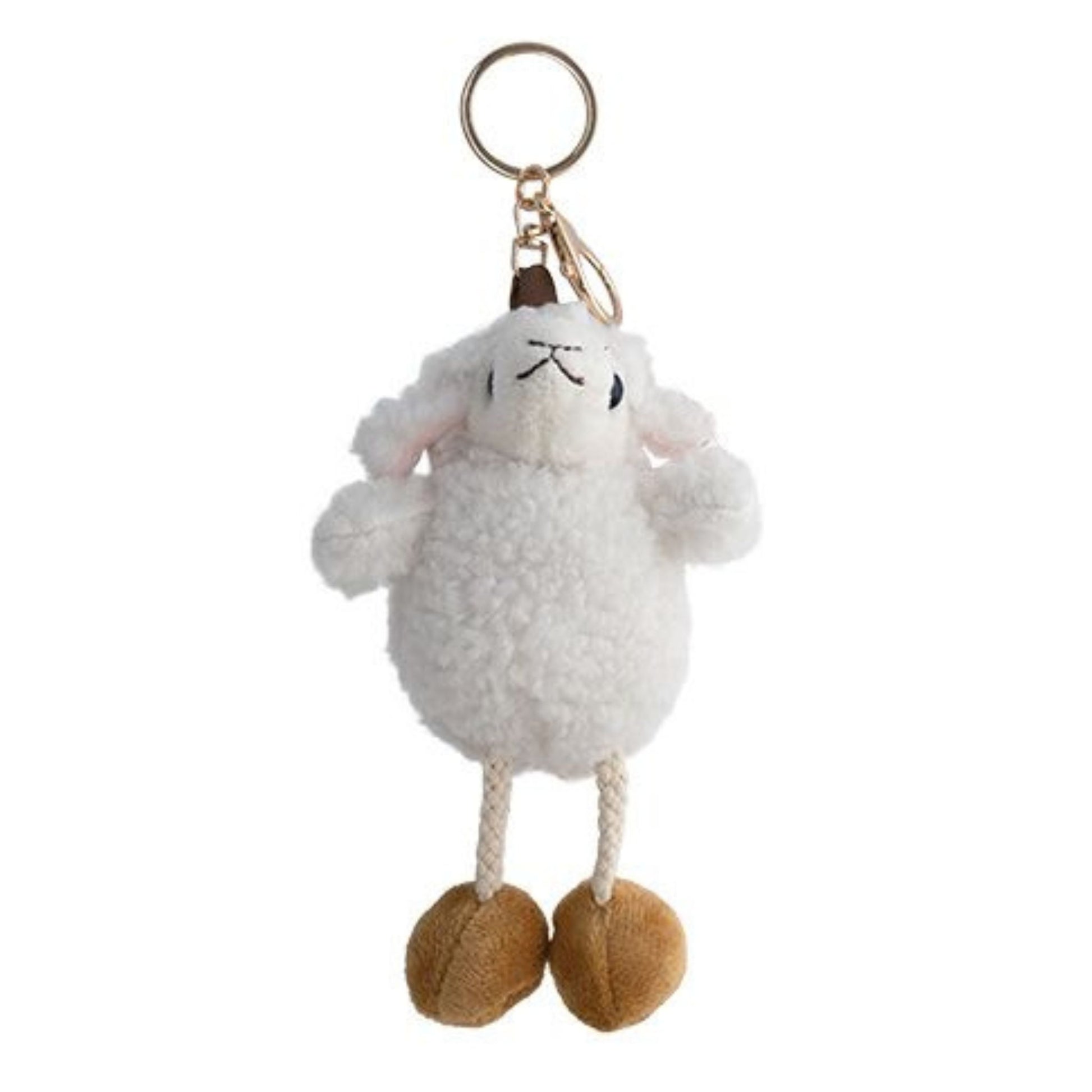 White fluffy sheep keychain with brown feet on a white background