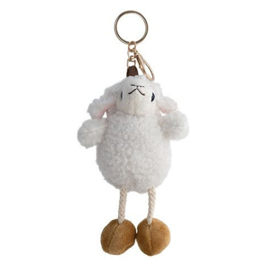 White fluffy sheep keychain with brown feet on a white background
