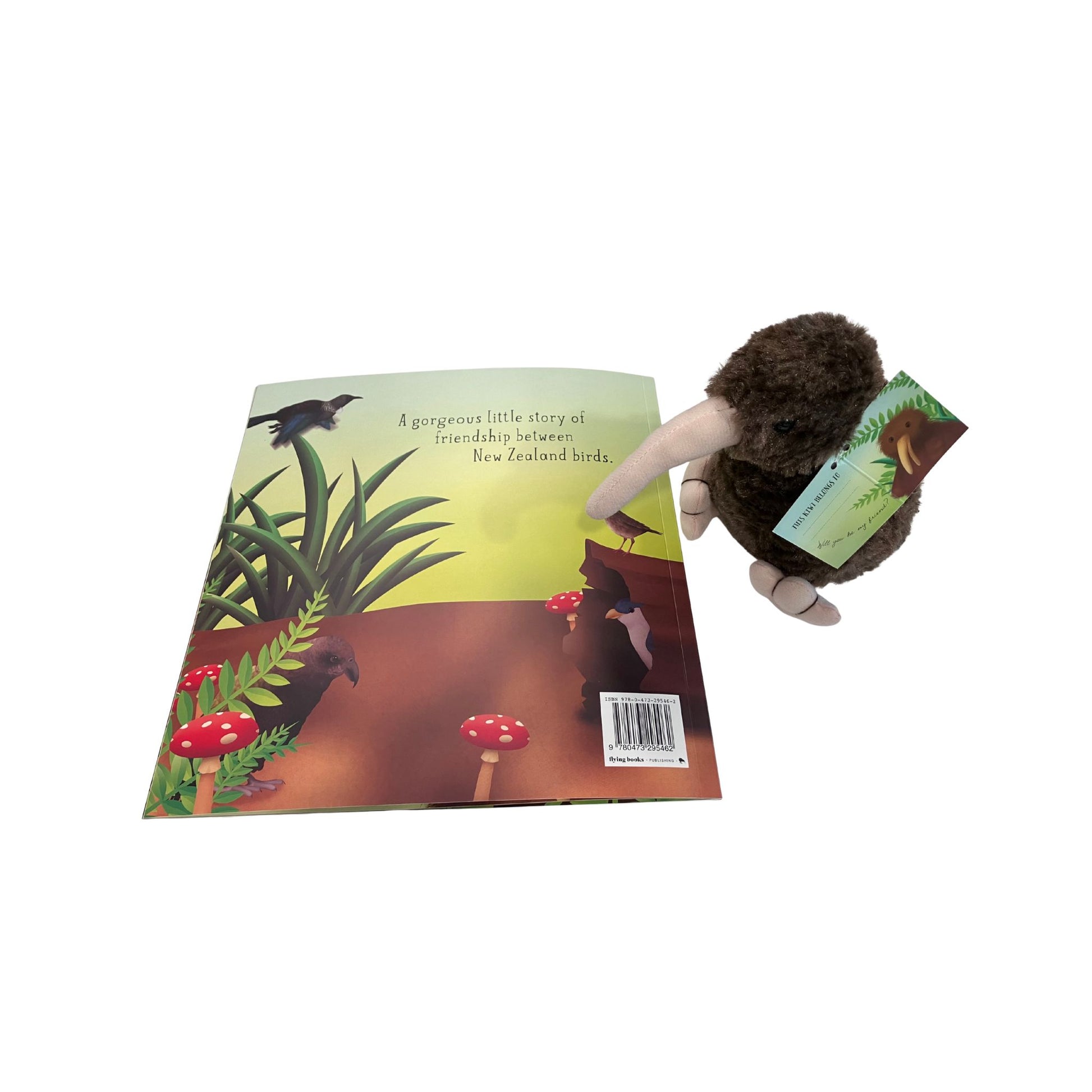 Plush kiwi bird toy with a kids book featuring New Zealand birds on a white background