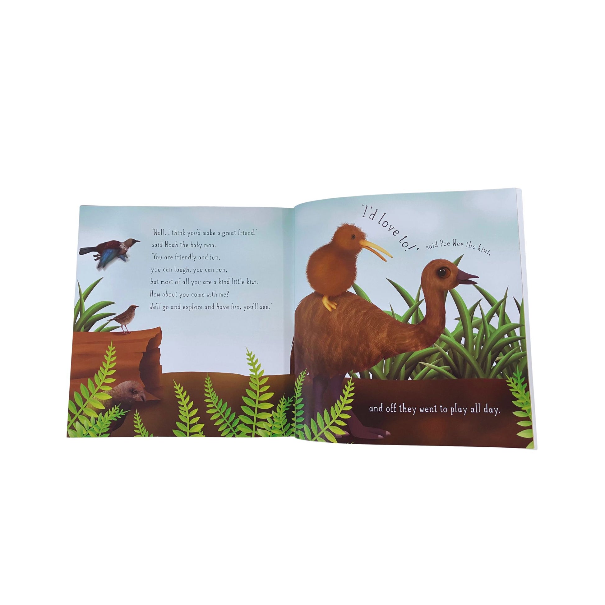 Open book with illustrations of Pee-Wee kiwi bird in a natural setting