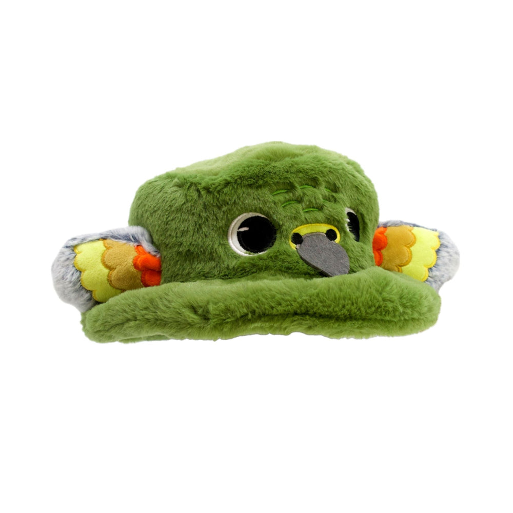 Green plush hat with a kea design on a white background