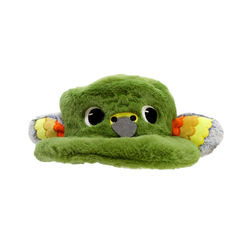 Green plush hat with gray wings on a white background