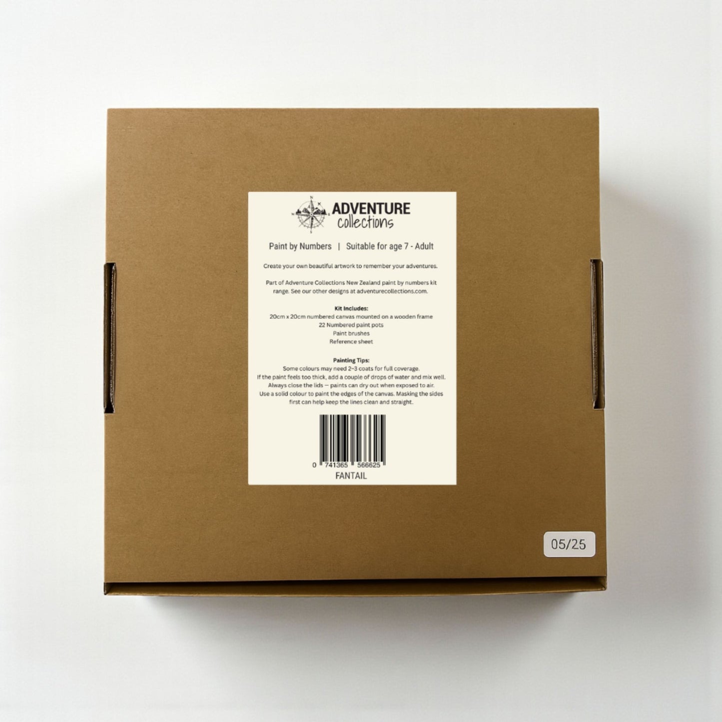 Cardboard box with a label on a white background. Adventure Collections  Fantail Paint By Numbers Kit – 20 x 20cm