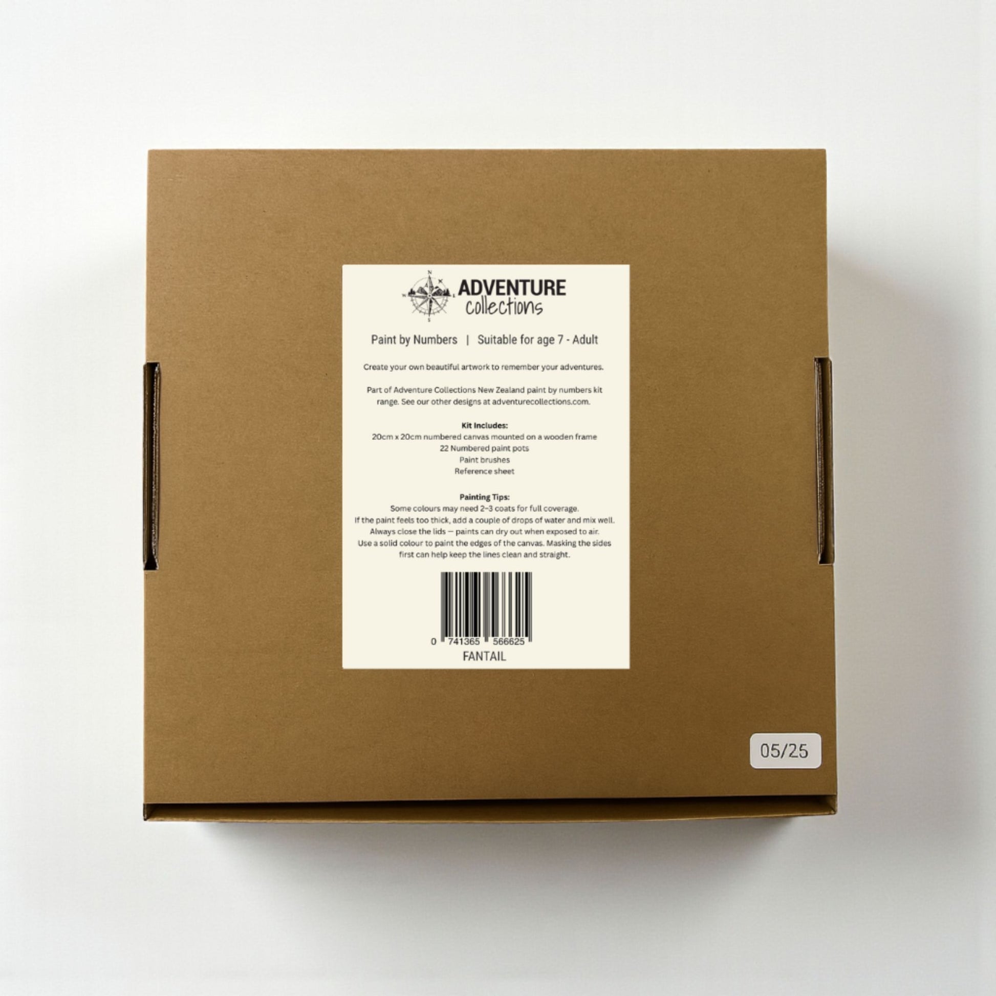Cardboard box with a label on a white background. Adventure Collections  Fantail Paint By Numbers Kit – 20 x 20cm