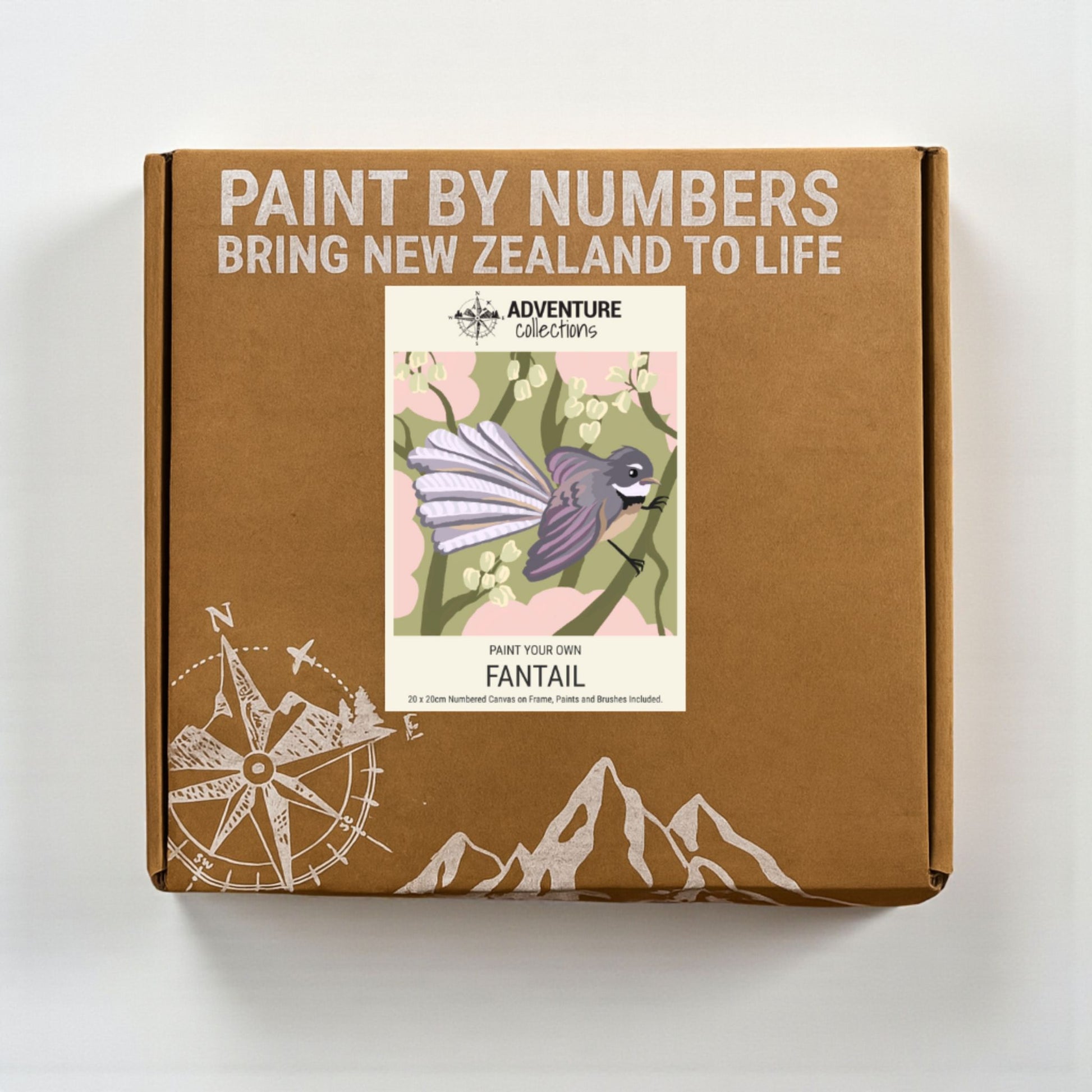 Box for a paint by numbers kit with a New Zealand theme on a white background.
Adventure Collections  Fantail Paint By Numbers Kit – 20 x 20cm
