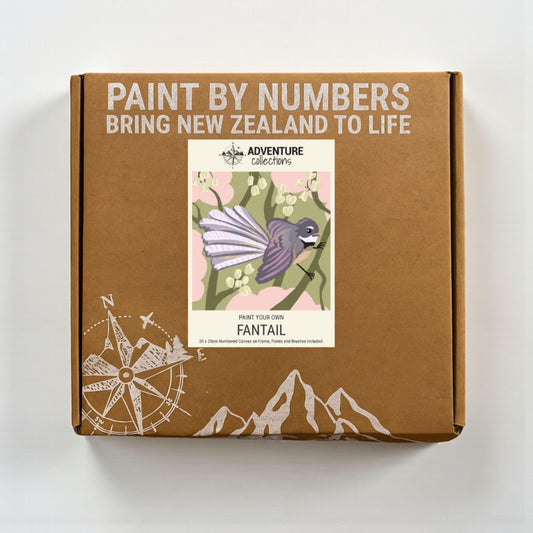 Box for a paint by numbers kit with a New Zealand theme on a white background.
Adventure Collections  Fantail Paint By Numbers Kit – 20 x 20cm