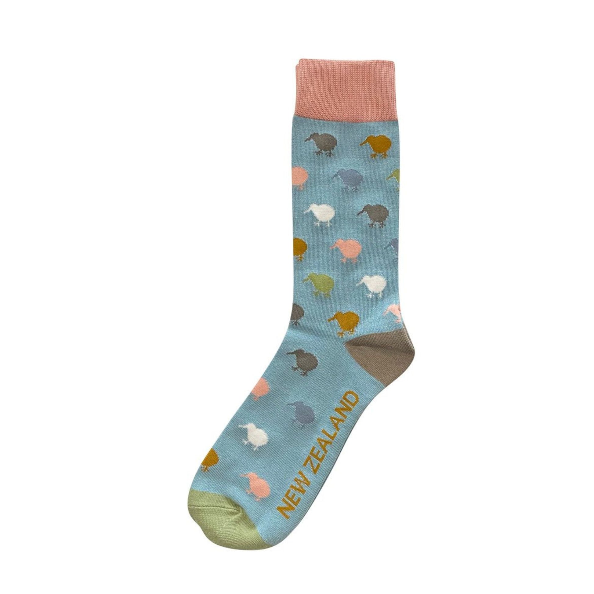 Colorful sock with kiwi pattern and 'New Zealand' text on a white background